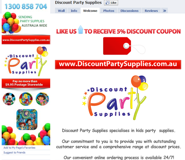 Facebook Fan Page for Discount Party Supplies